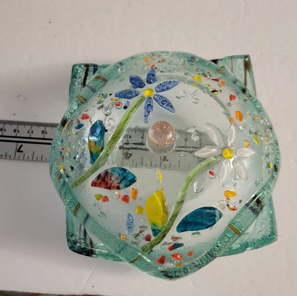 Hand Crafted Fused Glass Trinket Box Floral Multicolored